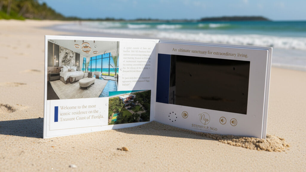 Real estate video brochure highlighting property listings and agent introductions.