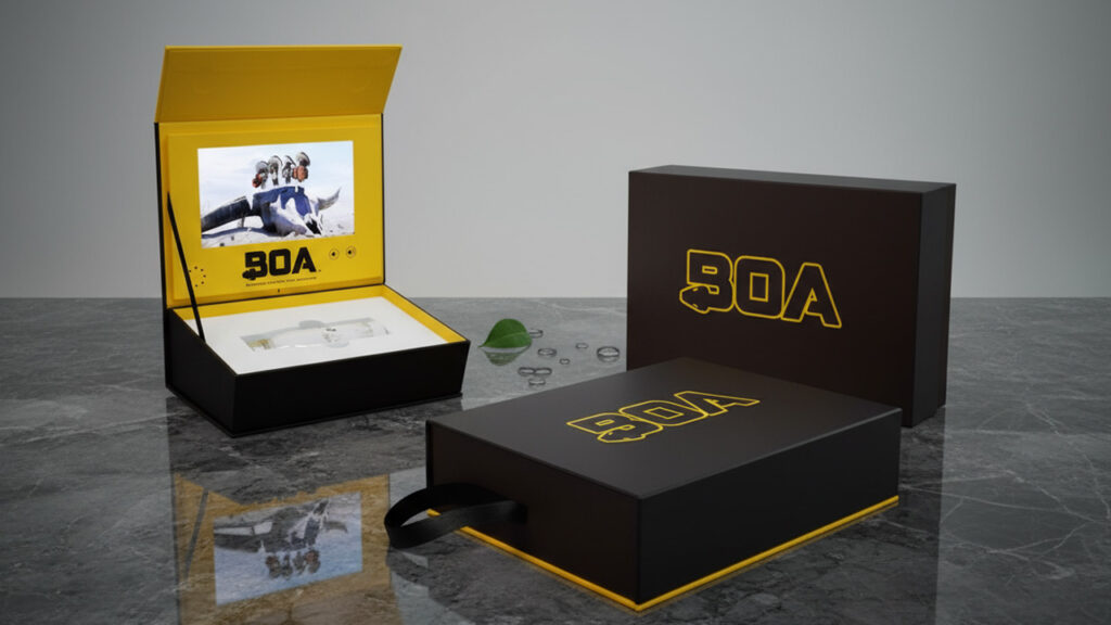 BOA branded video box designed to hold product and feature promotional video.