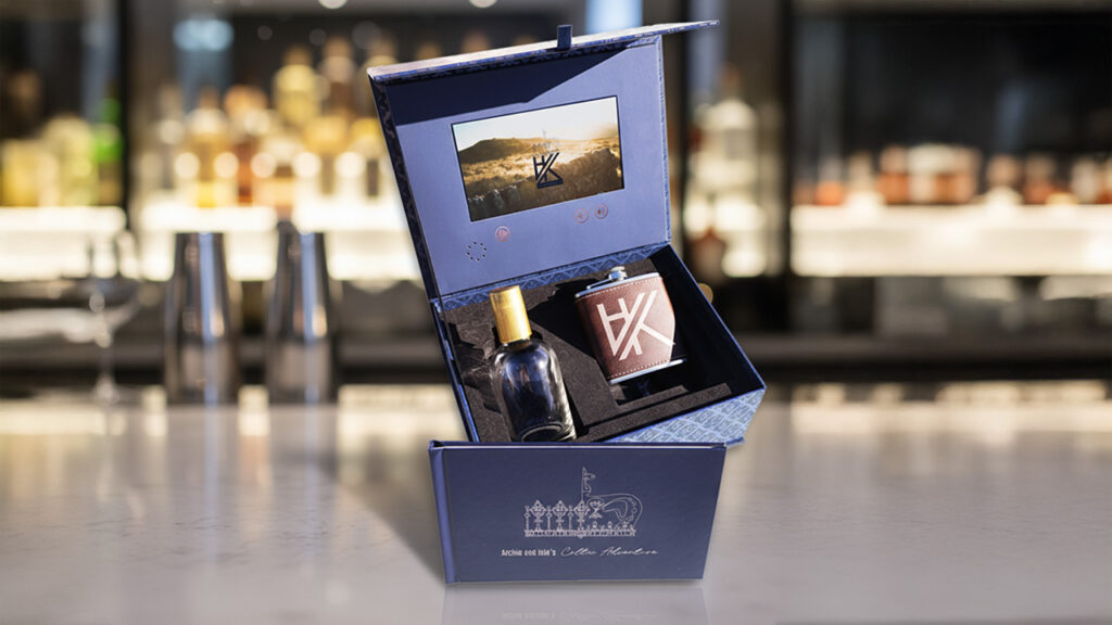 Premium liquor video box with embedded HD screen and custom branding.