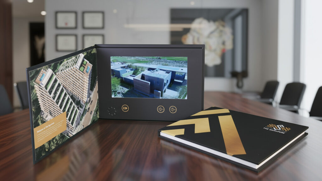 Real estate video brochure highlighting property listings and agent introductions.