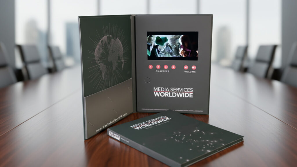 Media Services Worldwide video folder with built-in HD screen for corporate presentation.