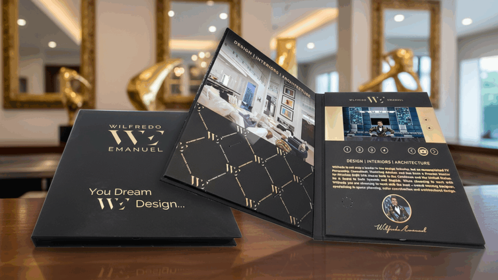 Wilfredo Emanual Luxury Video Brochure – Gold Foil Hardcover for Award-Winning HGTV Interior Designer