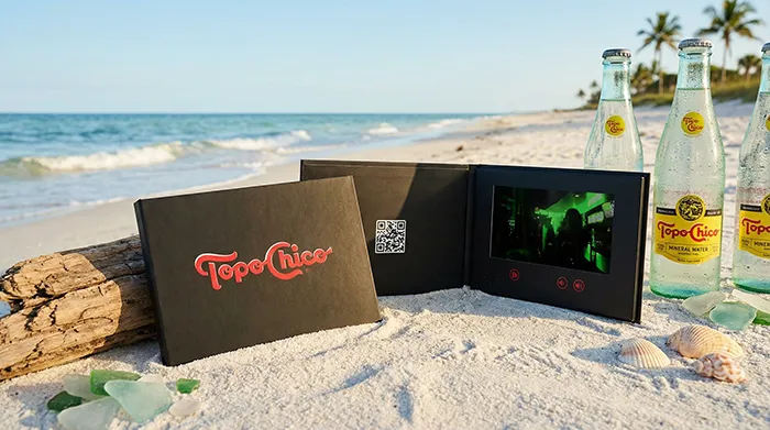 Close-up of a customized video brochure with branding elements on a desk