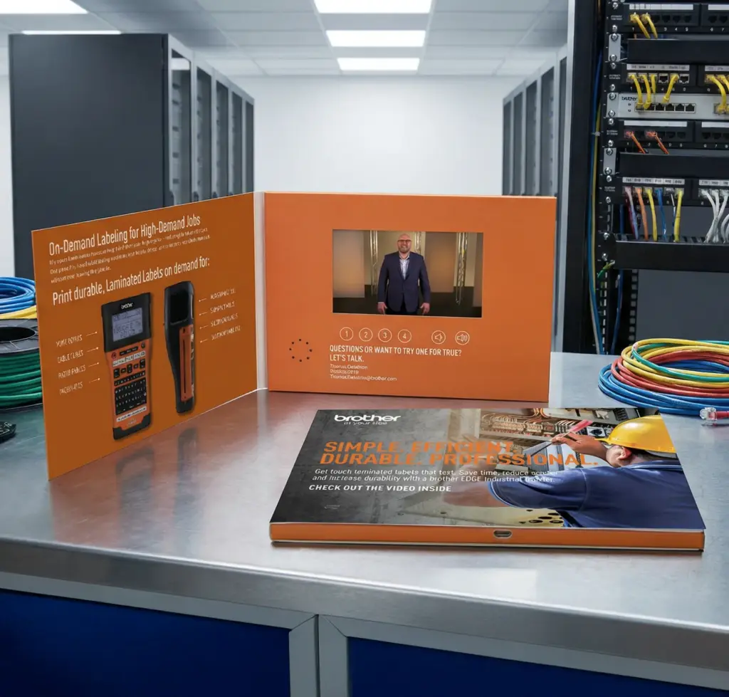 Diverse professionals engaging with a video brochure during a collaborative presentation