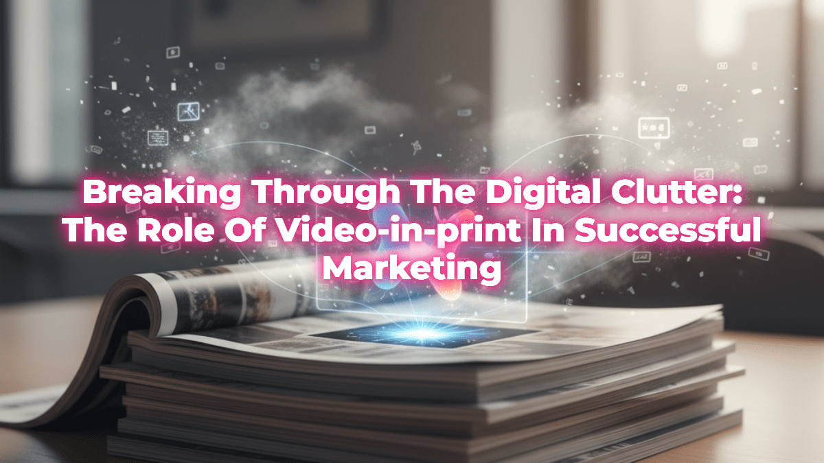 Image of a printed brochure with a glowing video screen, featuring the text "Breaking Through The Digital Clutter: The Role Of Video-in-print In Successful Marketing," illustrating PrintAVizion's innovative video-in-print marketing solutions.
