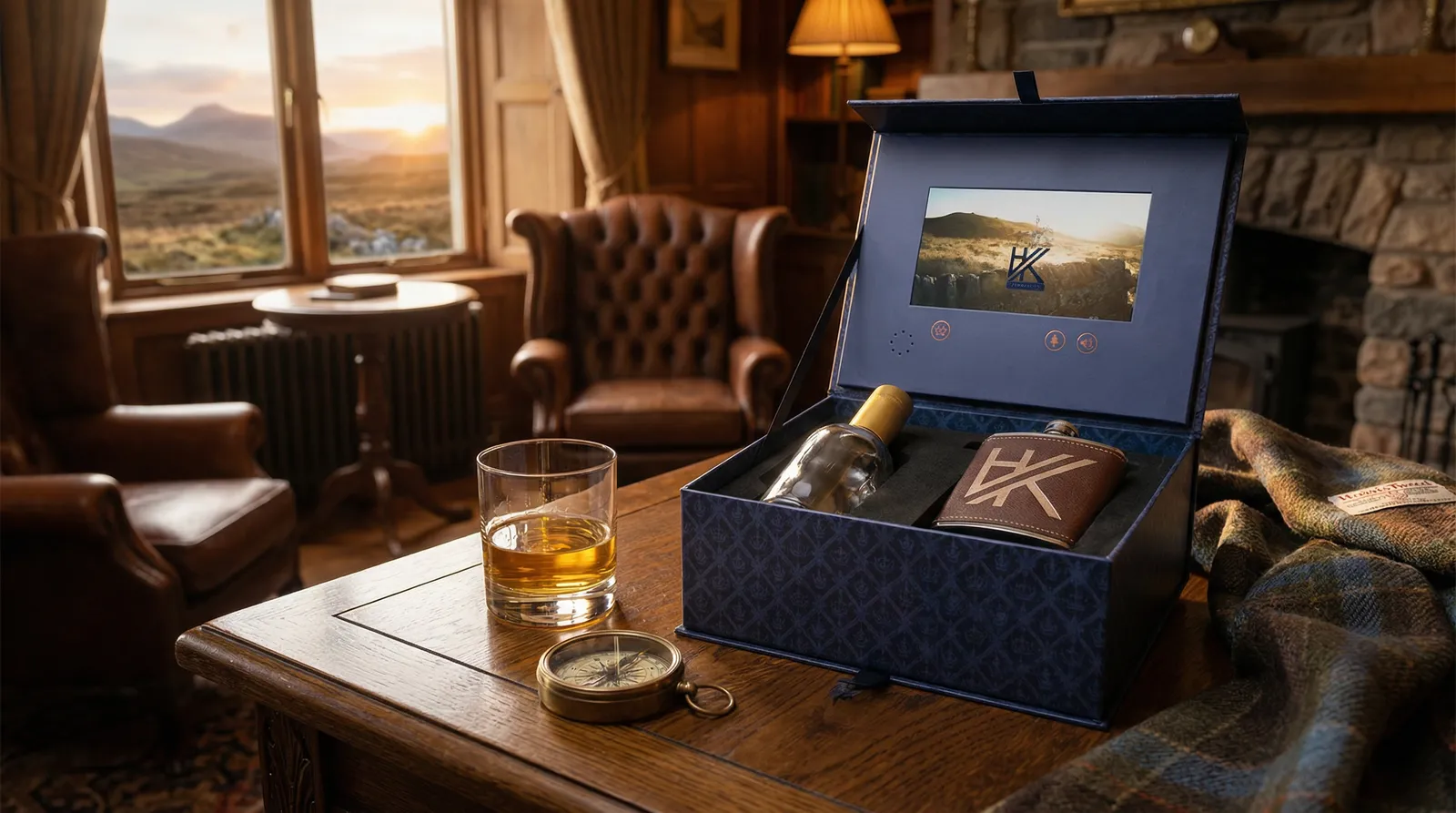 Luxury spirits video gift box with a custom tray holding a bottle and flask